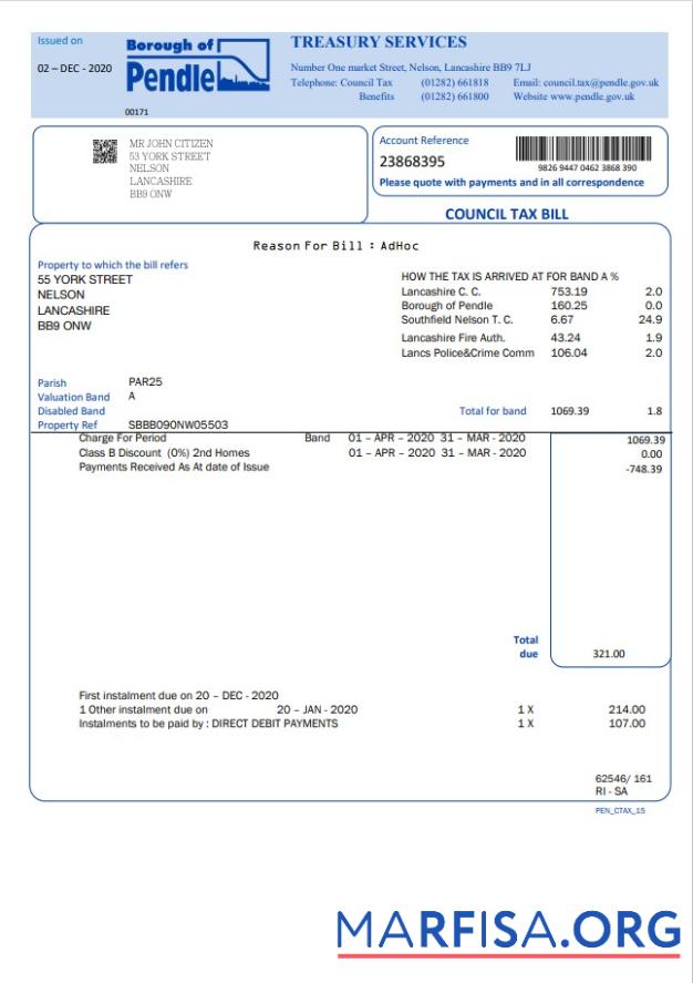 Downloadable United Kingdom Borough of Pendle council tax bill template in Word and PDF format